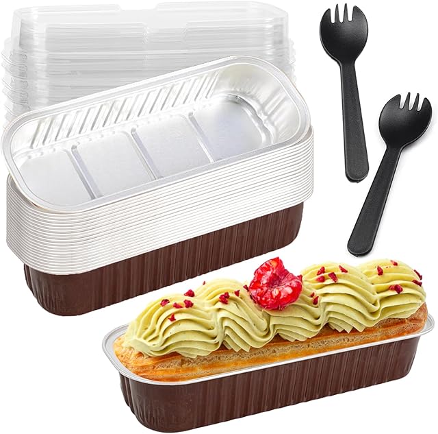 20 Pack Mini Loaf Pans with Lids and Spoons,Mini Cake Pans with Lids,Rectangle Aluminum Foil Baking Pans Tins Containers,Disposable Cupcake Baking Cups Muffin Tins for Wedding Birthday Party (Coffee)