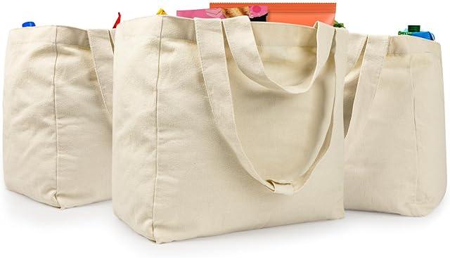 VitaSerena Upgraded Reusable Grocery Bags 3pcs XL Set, All in One Canvas Grocery Bags with Dual Handles, Inner Pockets, Shrink Resistant, Foldable