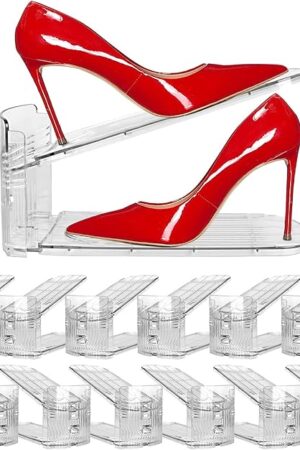 12 Pack Clear Shoe Slots Organizer - Adjustable Height 3.7''to 7.7'' Shoe stackers for a pair of shoes ,Shoe rack storage shoe space saver 50%,Easy to assemble shoe hold shoe organizer for cloest