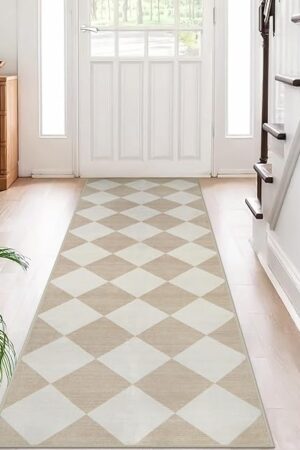 Beeiva Checkered Print Carpet Runners for Hallway 6ft, Beige Ultra Thin Washable Kitchen Runner Rug Non Slip, Moroccan Plaid Checkerboard Decor Faux Wool 2x6 Rug for Bedroom Bathroom Entryway