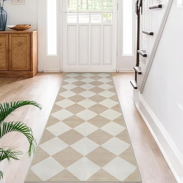 Beeiva Checkered Print Carpet Runners for Hallway 6ft, Beige Ultra Thin Washable Kitchen Runner Rug Non Slip, Moroccan Plaid Checkerboard Decor Faux Wool 2x6 Rug for Bedroom Bathroom Entryway