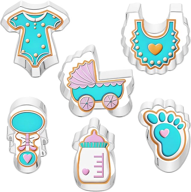 Baby Shower Cookie Cutter Set, 6 Pcs Baby shirt, rattle, bottle, bib, stroller, baby feet Fondant Biscui Cutters Stainless Steel Cookie Cutters for Baby Shower Birthday Party