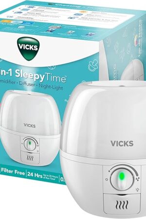 Vicks 3-in-1 SleepyTime Humidifier, No. 1 Brand Recommended by Pediatricians*. Cool Mist Humidifier with Night-Light, and Essential Oil Diffuser for Baby and Kids rooms. Visible Cool Mist, White.