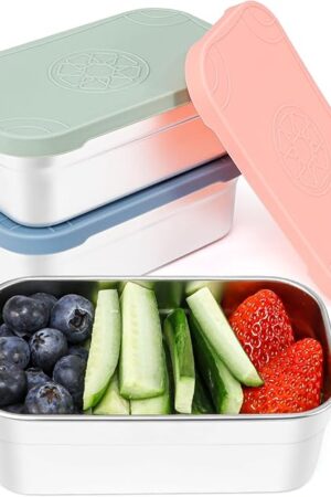 Caperci 3-Pack Large Stainless Steel Snack Containers with Silicone Lids - 15oz Reusable Small Food Storage Deli Containers for Snacks & Meal Prep, Leak-Proof, Easy Open & BPA-Free (440ML)