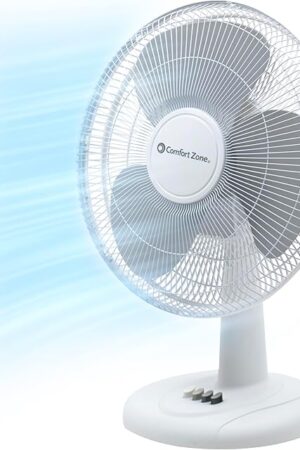 Comfort Zone Table Fan Desktop Fan with Push Button Controls, Adjustable Tilt, Wide Area Oscillation, Quiet Air Circulator Fan