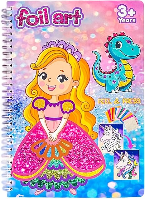 The HBKJ Foil-Fun Art Gift for Girls - Magic Princess Gifts Foil Art Craft Stickers Book Supplies for Girls 4-5-6-7-8-9 Year Old Toddler Kids Activity Kit Travel Toys Christmas Birthday Gifts