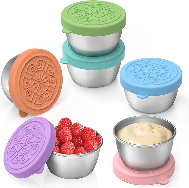6x1.6 oz Salad Dressing Container To Go, Stainless Steel Small Condiment Containers with Leakproof Silicone Lids, Reusable Sauce Containers for Lunch Boxes, Picnics and Travel