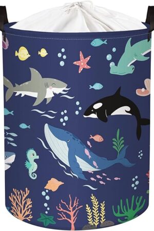 Clastyle Fish Sea Turtle Baby Basket Ocean Coral Seaweed Starfish Toy Book Shelf Basket Waterproof Pool Toy Beach Towel Storage Bin Large Dirty Clothes Laundry Hamper, Whales, 45L