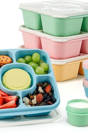 Caperci Original Lunchable Snack Containers for Kids & Adults - 5 Compartments Bento Snack Boxes with 4 Leakproof Small Containers, Wheat Straw, BPA-Free, Set of 4 (Vintage Colors)