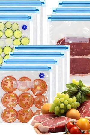 60PCS Reusable Vacuum Sealer Bags with Sealing Clips - BPA-Free Sous Vide Food Storage Bags in 3 Sizes, Air Valve & Leak-Proof Design, for Freezer, Meal Prep, and Travel (Sealer Not Included)