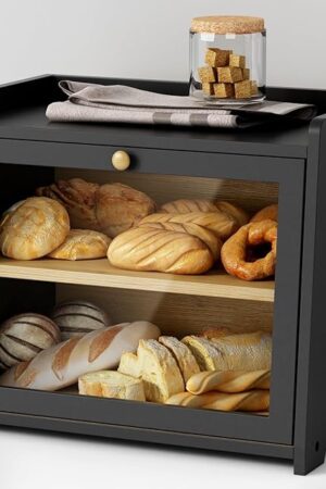 Black Bread Box for Kitchen Countertop, Large Bread Storage Container for Homemade Bread, Wood Farmhouse Breadbox Organizer for Kitchen Counter Corner, Cabinet, Pantry, Cupboard (Black)