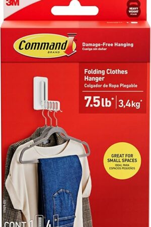 Command Folding Clothes Hanger, Holds up to 5 Hangers 7.5 lb, 1.5lbs per Rung, 1 Hook with 5 Rungs, 4 Strips, Closet Organizer, Home Organization