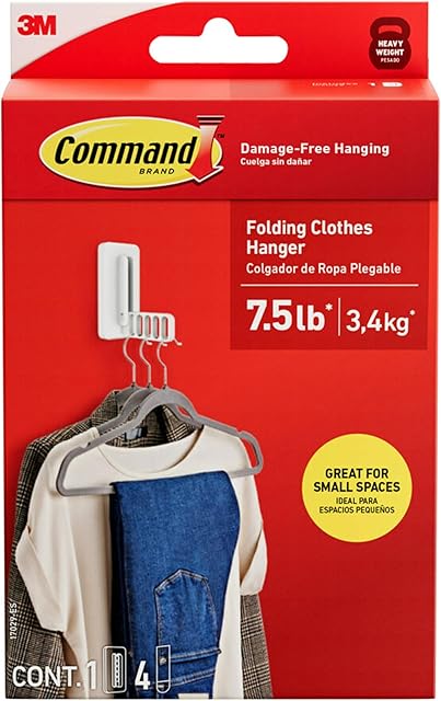 Command Folding Clothes Hanger, Holds up to 5 Hangers 7.5 lb, 1.5lbs per Rung, 1 Hook with 5 Rungs, 4 Strips, Closet Organizer, Home Organization
