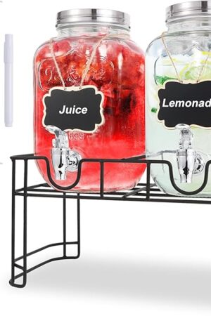 1 Gallon Glass Drink Dispensers For Parties-Set of 2,Drink Dispenser with Fruit Infuser & Stand,Juice or Beverage Dispenser for BBQ, Picnic, Party,Laundry Detergent Dispenser