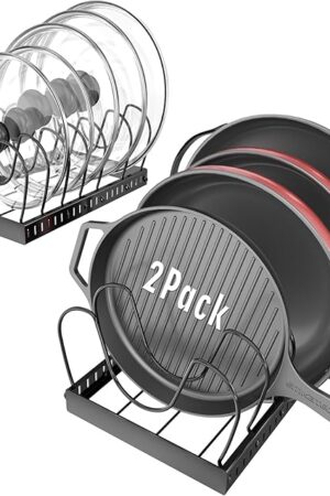 2PACK Lid Organizers for Kitchen, Pots and Pans Organizer Under Cabinet with 16 Adjustable Dividers, Countertop Lid Holder, Rust-Resistant, Tool-Free Installation, Easy to Clean
