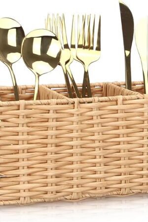Ayiaren Wicker Flatware Silverware Caddy Cutlery Holder Kitchen Silverware Organizer Storage for Countertop Small Utensil Holders Party Table Spoon Knives Fork Holder Flatware Utensils Caddy Basket