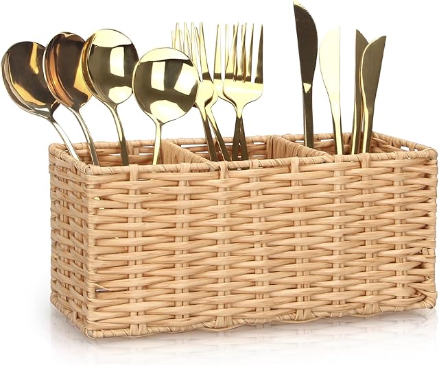Ayiaren Wicker Flatware Silverware Caddy Cutlery Holder Kitchen Silverware Organizer Storage for Countertop Small Utensil Holders Party Table Spoon Knives Fork Holder Flatware Utensils Caddy Basket