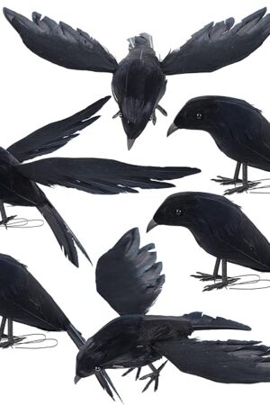 YOFIT 6 Pack Crows Halloween Decorations- Assorted Sizes Realistic Fake Ravens with Handmade Feathers for Outdoor Displays (Tombstones, Witch, Skeleton, Scarecrow) - Spooky Scary Props