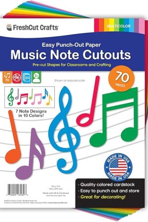 70pcs Colorful Music Notes Cutouts Musical Party Decorations in 7 Designs, US Made Card Stock Easy Punch Out, Concert, 50s Rock & Roll Party, Musical Play, Bulletin Board, Music Themed Crafts