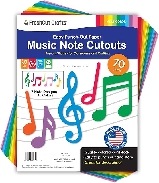 70pcs Colorful Music Notes Cutouts Musical Party Decorations in 7 Designs, US Made Card Stock Easy Punch Out, Concert, 50s Rock & Roll Party, Musical Play, Bulletin Board, Music Themed Crafts