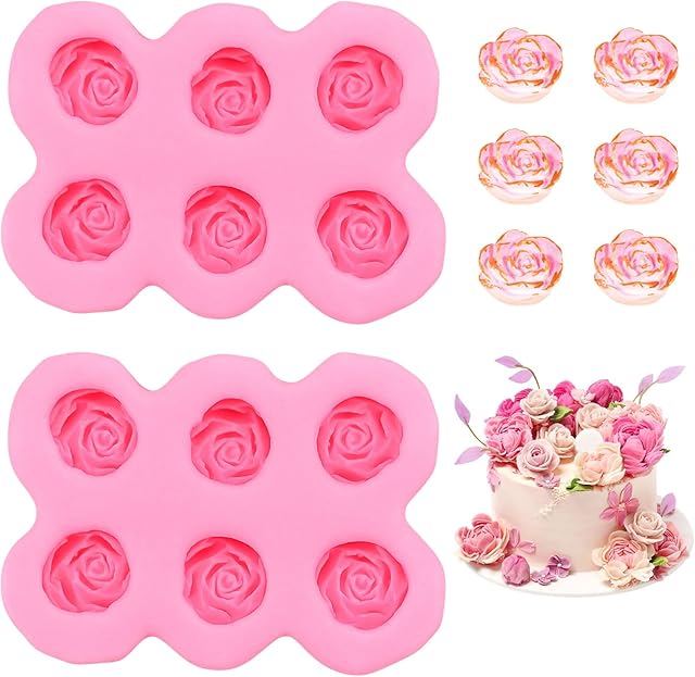 2 Pcs Rose Silicone Fondant Molds 6 Cavity Flower Cake Resin Mold Candy Chocolate Ice Cube Fondant Molds Kitchen Baking Tools for Sugarcraft Cake Decorating