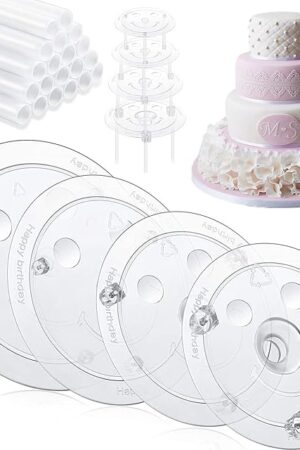 Cake Pin Sticks Set, 16 Pieces Plastic Cake Sticks Support Rods with 4 Cake Dividers for 6, 8, 10, 12 Inch Cakes, Plastic Cake Support Rods for Wedding Cake Building and Stacking (16)