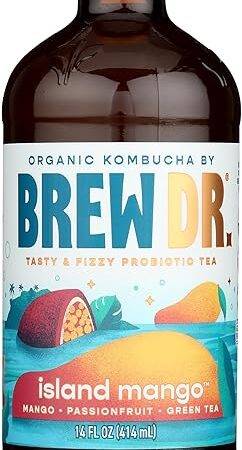 Brew Dr. Kombucha, Organic, Raw & Probiotic - Island Mango - Green Tea with Mango, Passionfruit and Ginger - 14 Fl Oz Bottle