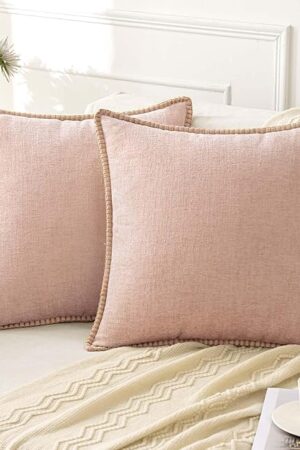 ANRODUO Pack of 2 Blush Pink Chenille Throw Pillow Covers 18x18 Inch Farmhouse Decorative Pillow Covers with Stitched Edge Soft Throw Pillows for Couch Sofa Bed and Living Room Spring Boho Home Decor