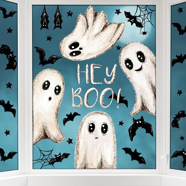 6 Sheets Halloween Window Clings Large Halloween Ghosts Window Decals Double Side Scary Ghosts Bat Stickers for Holiday Home Office School Decor Glass Decoration