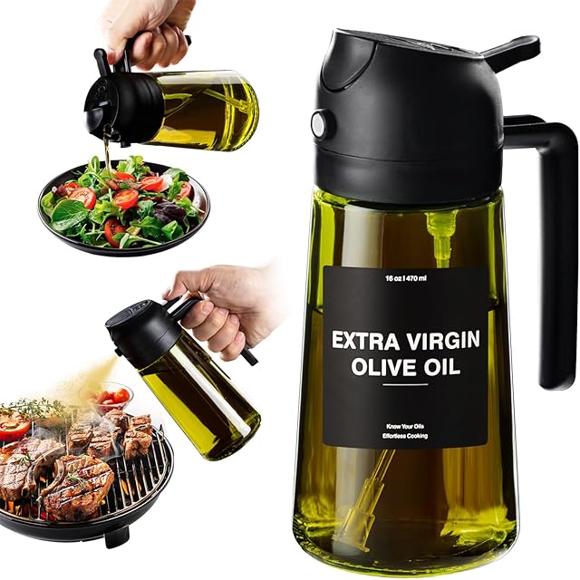 CXINYI 16oz/470ml Olive Oil Dispenser & Sprayer for Kitchen, Black | 2-in-1 Design | Light-Proof Kitchen Gadget | Includes Stickers