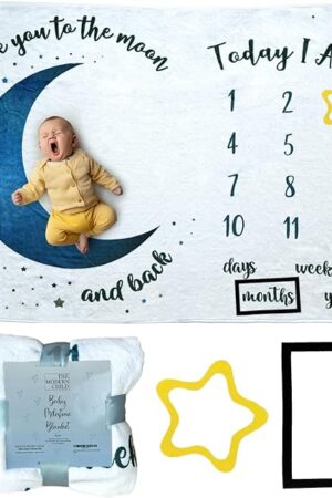 Baby Milestone Blanket - Super Soft Fleece Monthly Milestone Blanket for Baby Girl and Boy - Perfect for Baby's First Year Growth Chart - Monthly Baby Milestone - Blue Moon - 60"x40"