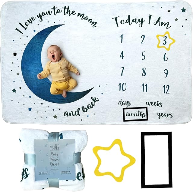 Baby Milestone Blanket - Super Soft Fleece Monthly Milestone Blanket for Baby Girl and Boy - Perfect for Baby's First Year Growth Chart - Monthly Baby Milestone - Blue Moon - 60"x40"