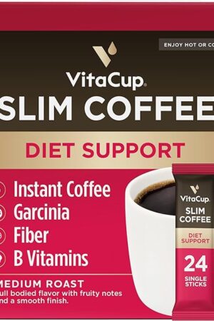 VitaCup Slim Instant Coffee Packets, with Garcinia, Fiber, B Vitamins, Bold & Smooth, Medium Dark Roast, 100% Arabica Coffee in Single Serve Sticks, 24 Ct