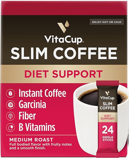 VitaCup Slim Instant Coffee Packets, with Garcinia, Fiber, B Vitamins, Bold & Smooth, Medium Dark Roast, 100% Arabica Coffee in Single Serve Sticks, 24 Ct