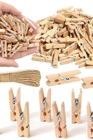 1.35 Inch Mini ClothesPins for Photo?100 Pcs】 with 32 Feet Jute Twine，Mini Clothes Pins for Crafts,Wooden Small Clothes Pins for Pictures,Tiny Decorative Clothespins for Baby Shower(Natural Color)
