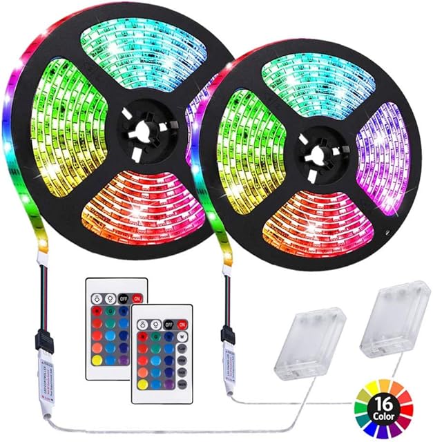 6.56 feet Battery Powered LED Strip Lights, DIY Indoor and Outdoor Decoration, Waterproof, 24 Keys Remote, 2 Pack
