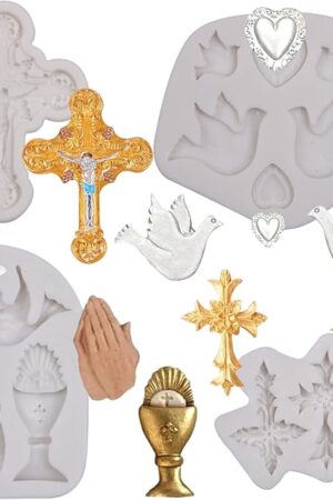 Baptism Cake Decorations Communion Chalice Dove Cross Silicone Mold Praying Hands Mold for Baptism Party Weding Baby Shower Cakes Decoration Cupcake Topper Chocolate Candy Gum Paste Set Of 4