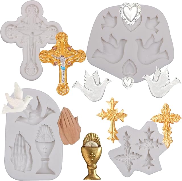 Baptism Cake Decorations Communion Chalice Dove Cross Silicone Mold Praying Hands Mold for Baptism Party Weding Baby Shower Cakes Decoration Cupcake Topper Chocolate Candy Gum Paste Set Of 4