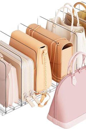 Criusia Adjustable Closet Purse Organizer Rack – 28.8" Extra-Long Shelf Divider with 6 Base Panels & 8 Dividers – Non-Slip Handbag Holder for Bags, Clothes, Kitchen, Office