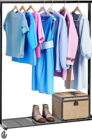 Clothing Clothes Rack on Wheels, Heavy Duty Portable Wardrobe for Hanging Clothes, Garment Rack with Bottom Mesh Shelf, Black