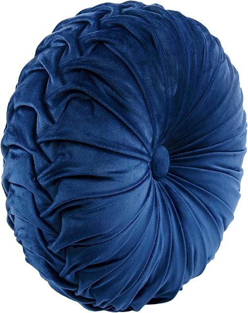 Lush Decor Round Pleated Soft Velvet Decorative Throw Pillow, 1 Count, 15" Diameter, Navy - Blue Plush Round Pillow, Seat Cushion, Decorative Pillows For Bed, Couch, Or Chair