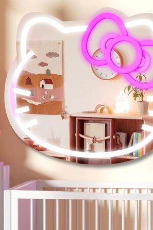 Anime Hello Kit Cat Neon Sign Mirror L16.1 W14 Vanity Mirror with Lights Bedroom Wall Mirror for Pink Room Decor and a Makeup Mirror with Lights Teen Girl Gifts