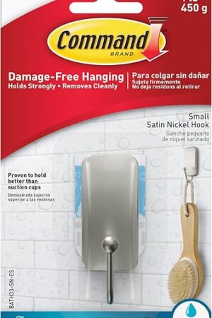 Command Small Bath Hook, Holds up to 1 lb, 1 Satin Nickel Shower Hook with 2 Water Resistant Command Strips, Damage Free Bathroom Organization