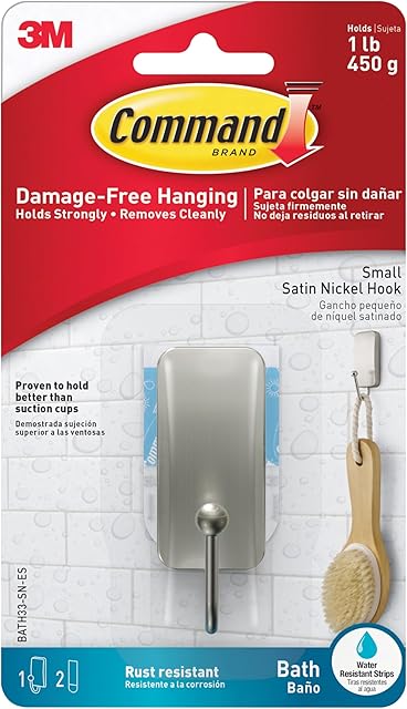Command Small Bath Hook, Holds up to 1 lb, 1 Satin Nickel Shower Hook with 2 Water Resistant Command Strips, Damage Free Bathroom Organization