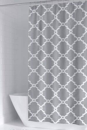 WELTRXE Moroccan Fabric Shower Curtain with Hooks, Waterproof Polyester Geometric Pattern Bathroom Curtains, Machine Washable, 72 x 72 inches, Gray