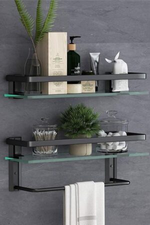 VOLPONE Glass Bathroom Shelf with Towel Bar 15.7in Bathroom Wall Shelves Rustproof Metal Bathroom Wall Organizer 2-Tier (Black)