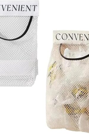 2 Pack Trash Bag Holder Dispenser Sticky Wall Mount Mesh Convenient Storage Organizer for Home Kitchen Grocery Plastic Shopping Garbage Bags Reusable Produce Tote Bag