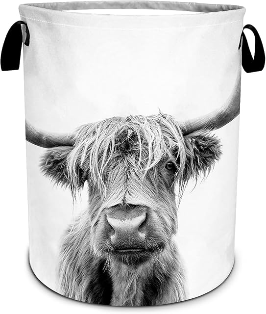 Gray Highland Cow Laundry Basket Foldable Laundry Hamper Tote Bag Storage Bucket Toy Organizer For Bathroom/Laundry/Bedroom(19.6x15.7inch)