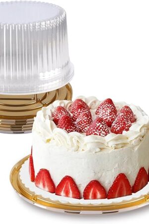 10 Inch Plastic Cake Carriers Gold Cake Containers with Lid and White Cake Boards, Clear Cupcake Holder for 1-2 Layer Cheesecake, Bundt Cake Pie Bakery Supplies(5 Pack)
