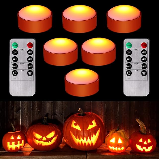 Riakrum 6 Pieces Pumpkin Lights with Remote and Timer LED Pumpkin Lights Battery Operated Pat Jack O Lantern Bright Flameless Candles for Halloween Thanksgiving(Orange)